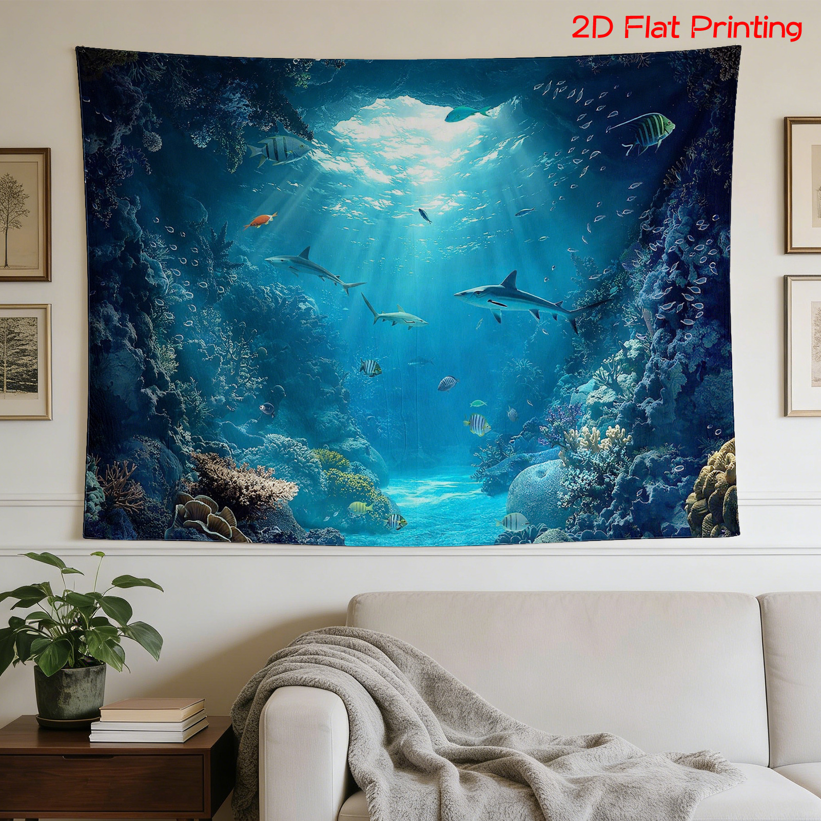 Aquarium Blue Marine Reef - Large Ocean Tapestry Wall Hanging Blue